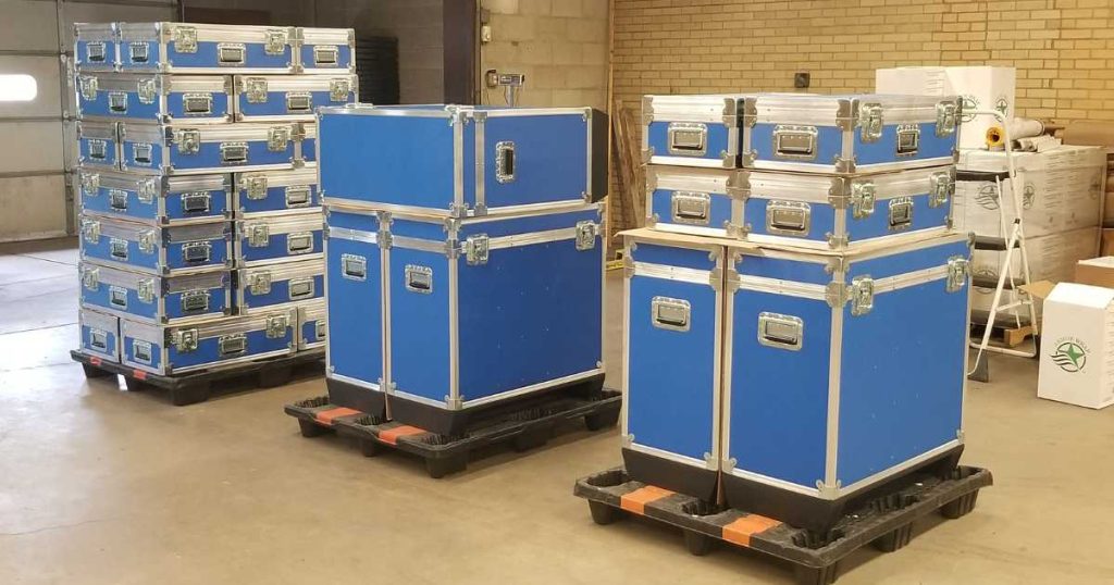 Road cases in bright blue for easy transportation